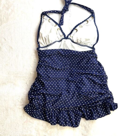 One Piece Halter Top Swimsuit Retro Pinup Style Blue and White Polka Dot Size Me - Picture 8 of 14